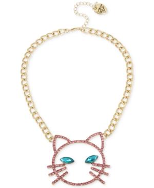 Betsey Johnson Gold-tone Pave & Stone Cat Face Pendant Necklace, 16 + 3 Extender