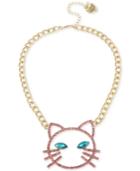 Betsey Johnson Gold-tone Pave & Stone Cat Face Pendant Necklace, 16 + 3 Extender