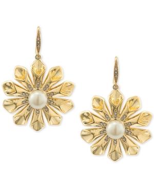 Carolee Gold-tone Pave & Imitation Pearl Flower Drop Earrings