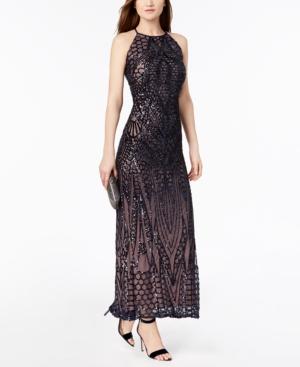 Nightway Sequined Strappy-back Halter Gown