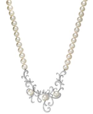 Arabella Cultured Freshwater Pearl (7 Mm) And Swarovski Zirconia Swirl Pendant Necklace In Sterling Silver