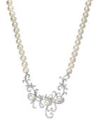 Arabella Cultured Freshwater Pearl (7 Mm) And Swarovski Zirconia Swirl Pendant Necklace In Sterling Silver