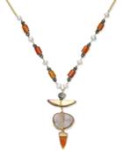 Paul & Pitu Naturally Tri-tone Pave, Imitation Pearl & Orange Stone Pendant Necklace