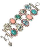 Betsey Johnson Silver-tone Oval Stone And Cameo-style Crystal Link Bracelet