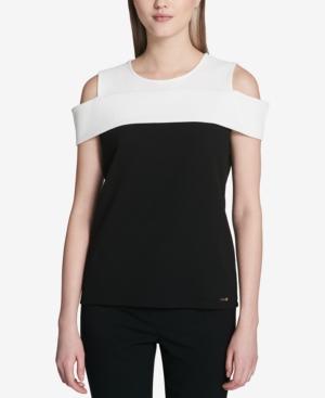 Calvin Klein Jacquard Colorblocked Cold-shoulder Top