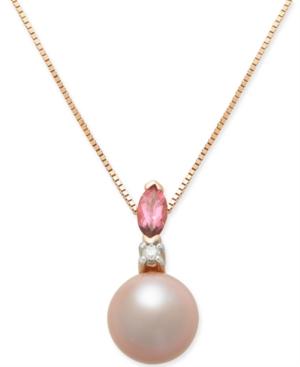 Pink Cultured Freshwater Pearl (7mm), Pink Tourmaline (1/6 Ct. T.w.) & Diamond Accent 18 Pendant Necklace In 14k Rose Gold