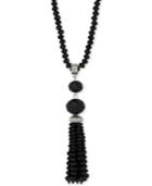 2028 Silver-tone Jet Stone Tassel Pendant Necklace