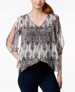 Bcx Juniors' Shine Printed Split-front Top With Necklace