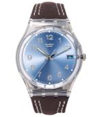 Swatch Watch, Unisex Swiss Blue Choco Brown Leather Strap 34mm Gm415