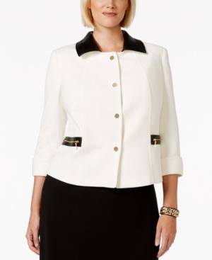 Tahari Asl Plus Size Three-quarter-sleeve Contrast-trim Jacket