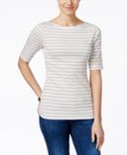 Charter Club Petite Striped Elbow-sleeve Top, Only At Macy's