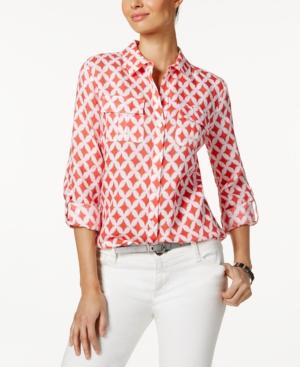 Charter Club Linen Roll-tab Printed Shirt, Only At Macy's