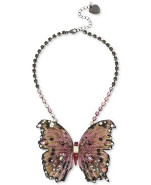 Betsey Johnson Hematite Tone Glitter & Stone Large Butterfly Statement Necklace, 16 + 3 Extender.