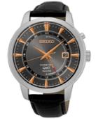 Seiko Men's Automatic Kinetic Gmt Black Leather Strap Watch 44mm Sun063