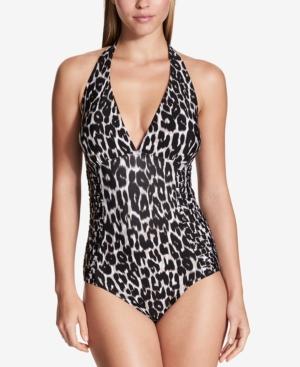 Calvin Klein Jaguar Print Side-pleated Halter One-piece Swimsuit,a Macy's Exclusive Style Women's Swimsuit