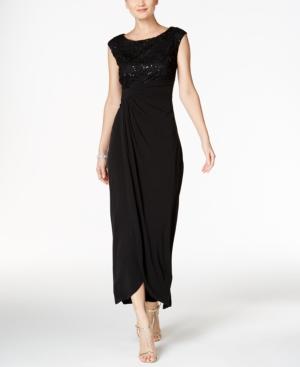 Connected Sequined Rosette Faux-wrap Gown