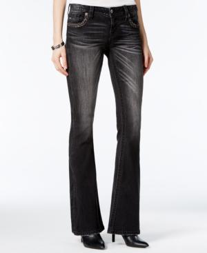 Miss Me Embroidered Black Wash Flare-leg Jeans