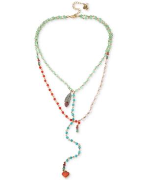 Betsey Johnson Gold-tone Bead, Feather And Heart Layer Lariat Necklace
