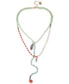 Betsey Johnson Gold-tone Bead, Feather And Heart Layer Lariat Necklace