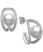 Cultured Freshwater Pearl (8mm) And Cubic Zirconia Curved Stud Earrings In Sterling Silver