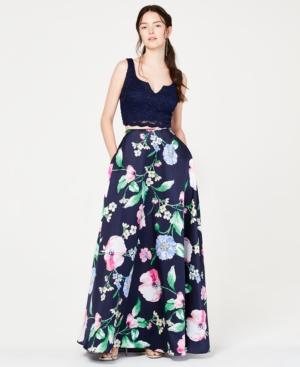 City Studios Juniors' 2-pc. Glitter Lace & Floral Gown, Created For Macy's