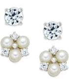 Cultured Freshwater Pearl (3-1/2mm) And Cubic Zirconia Earrings Set In Sterling Silver
