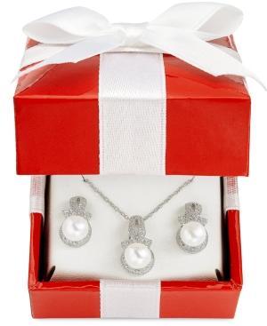 Sterling Silver Cultured Freshwater Pearl (7mm) And Diamond Accent Necklace And Earring Set