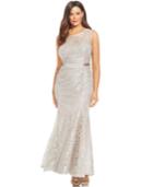 Betsy & Adam Plus Size Metallic Lace Pleated Gown