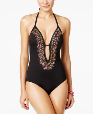 Kenneth Cole Reaction Sea Gypsy Beaded Plunge One-piece Swimsuit Women's Swimsuit