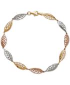 Tri-tone Feather-look Filigree Link Bracelet In 14k Yellow, White And Rose Gold