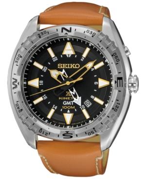 Seiko Men's Prospex Kinetic Gmt Brown Leather Strap Watch 46mm Sun055