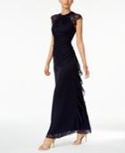 Betsy & Adam Ruched Lace-trim Gown