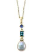 Effy Blue Cultured Freshwater Pearl (12 X 10mm) & Multi-gemstone (1 Ct. T.w.) 18 Pendant Necklace In 14k Gold