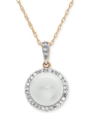 Cultured Freshwater Pearl (8mm) & Diamond (1/8 Ct. T.w.) 18 Pendant Necklace In 10k Gold