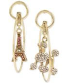 Betsey Johnson Gold-tone Pave Poodle & Eiffel Tower Mismatch Orbital Drop Earrings