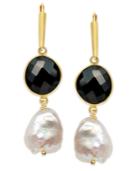 Cultured Freshwater Pearl (11-1/2mm-15-1/2mm) And Onyx (10-14mm) Earrings In 18k Gold Over Sterling Silver
