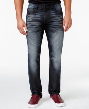 Inc International Concepts Andre Slim-fit Dark-blue Wash Faux-leather Trim Jeans