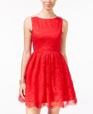 City Studios Juniors' Embellished U-back Lace Fit & Flare Dress