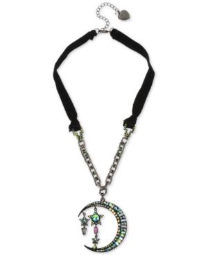 Betsey Johnson Hematite-tone Crystal Moon & Stars Velvet Ribbon Pendant Necklace, 20 + 3 Extender