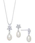 Cultured Freshwater Pearl (7 X 9mm) & Cubic Zirconia Pendant Necklace & Drop Earrings Set In Sterling Silver, A Macy's Exclusive Style
