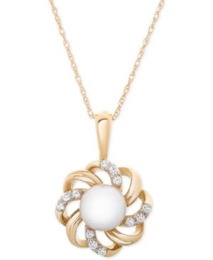 Cultured Freshwater Pearl (8mm) & Diamond (1/10 Ct. T.w.) Flower 18 Pendant Necklace In 14k Gold