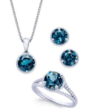 London Blue Topaz Rope-style Pendant Necklace, Stud Earrings And Ring Set (5 Ct. T.w.) In Sterling Silver