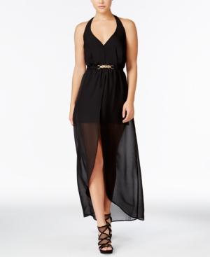 Crystal Doll Juniors' Sheer-overlay Halter Dress