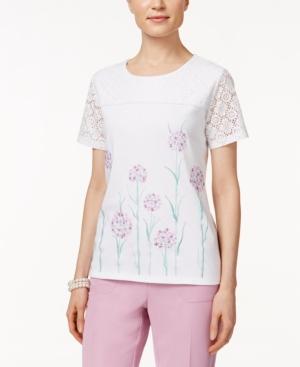Alfred Dunner Floral-embroidered Lace-sleeve Top