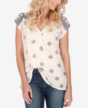 Lucky Brand Cap-sleeve Printed Henley Top