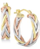 Tricolor Braided Hoop Earrings In 14k Gold, White Gold & Rose Gold