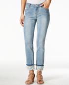 Vanilla Star Juniors' Lace-trim Cuffed Cropped Medium Wash Jeans