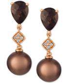 Le Vian Cultured Brown Tahitian Pearl (8mm), Chocolate Quartz (2 Ct. T.w.) And Diamond Accent Drop Earrings In 14k Rose Gold