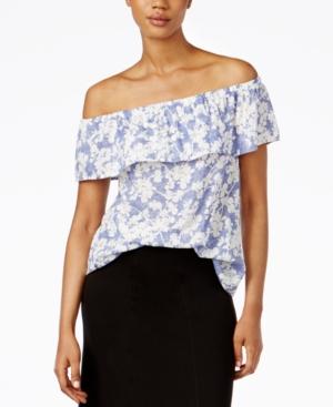 Kensie Floral-print Off-the-shoulder Flounce Top