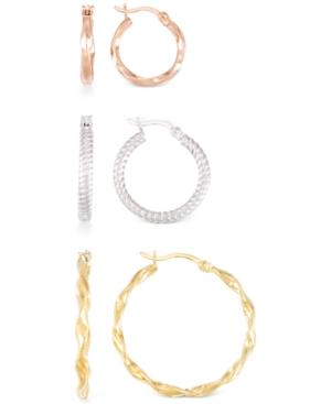 3-pc. Set Textured Round Hoop Earrings In 14k Rose, White, & Yellow Gold Over Sterling Silver